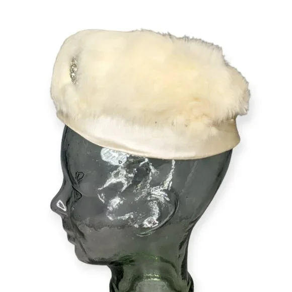 Vintage Ivory Rabbit Fur Pill Box Hat with Rhinestone Accent - Picture 3 of 12